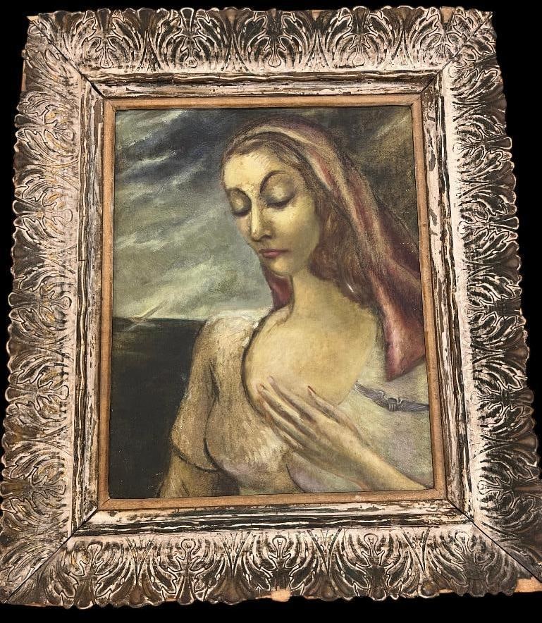 Bernice Perry (Sutton) signed oil on canvas: Bernice Perry Sutton (1908-1977) signed oil on canvas. Titled "Wings". This piece was exhibited at the Albright Art Gallery in BUffalo NY, March 7 - April 1 1945. Approx. 18.5 x 14.5 inches. Frame