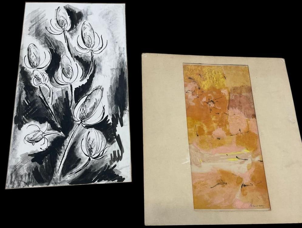 Bernice Perry Sutton signed painting and more: Bernice Perry Sutton (1908-1977) signed painting and signed abstract - illegible. 2 pieces. BPS approx. 21 x 11 inches. Other approx. 15 x 7.5 inches.