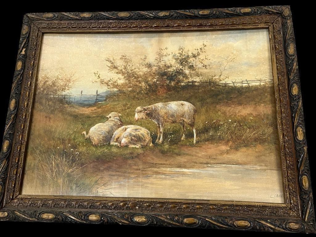 L. Candel signed watercolor: L. Candel signed watercolor of Sheep. Approx. 19.5 x 14 inches. Frame approx. 23.5 x 18 inches.