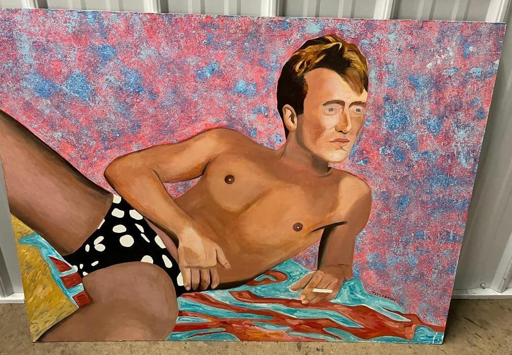 Titlebaum signed oil on board: ( Richard )Titlebaum signed oil on board of a beach boy having a smoke. Approx. 40 x 30 inches.