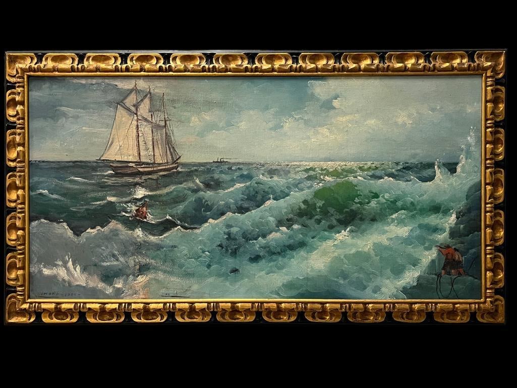 Dumond 1950 signed oil on board: Dumond 1950 signed oil on board, seascape. Approx. 47.5 x 23.5 inches. Frame approx. 53.5 x 30 inches.