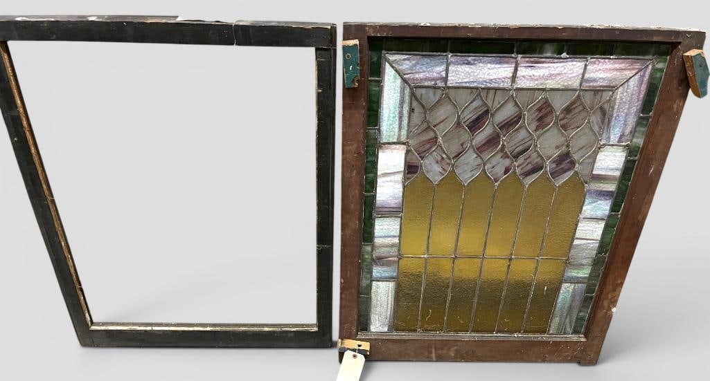 2 Leaded Glass Windows: 2 Leaded Glass Windows. Unframed with hearts approx. 32 x 25 inches. Framed approx. 37 x 30 inches.