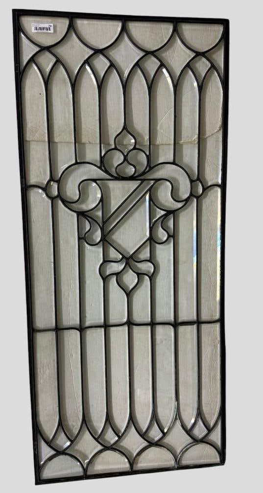 Leaded Beveled Glass Window: Leaded Beveled Glass Window. Approx. 64 x 28.5 inches.