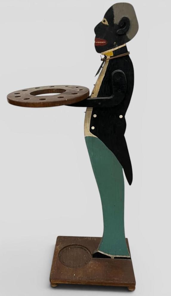Folk Art Black Americana Butler Smoking Stand: Folk Art Black Americana Butler Smoking Stand with metal tag on neck. Approx. 36 x 15 x 10 inches.