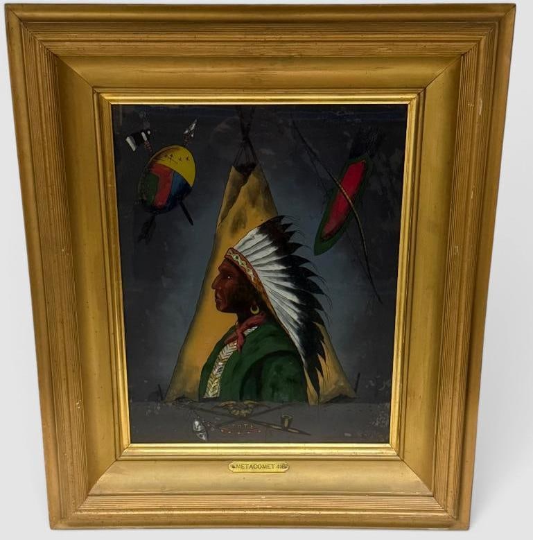 T.O.T.E. Reverse Painted Glass Indian Portrait: T.O.T.E. Reverse Painted Glass Indian Portrait. Totem of the Eagle, Improved Order of Red Men. Metacomet Ribe No. 416 - Reading PA. Approx. 19.5 x 15.5 inches. Frame approx. 29.5 x 25 inches.