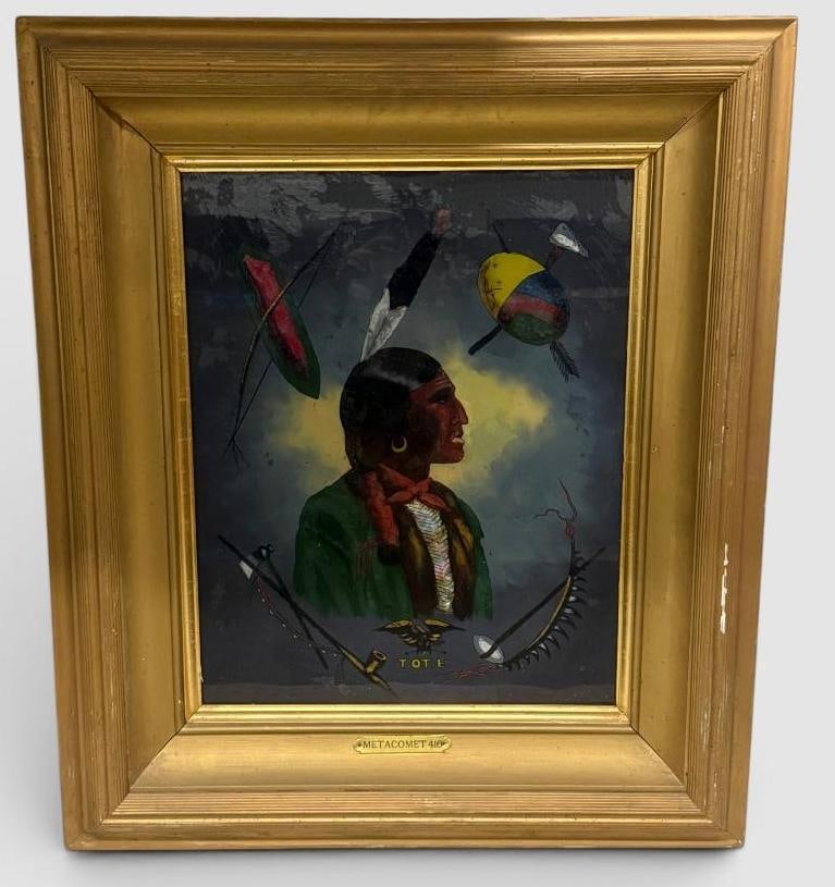 T.O.T.E. Reverse Painted Glass Indian Portrait: T.O.T.E. Reverse Painted Glass Indian Portrait. Totem of the Eagle, Improved Order of Red Men. Metacomet Ribe No. 416 - Reading PA. Approx. 19.5 x 15.5 inches. Frame approx. 29.5 x 25 inches.