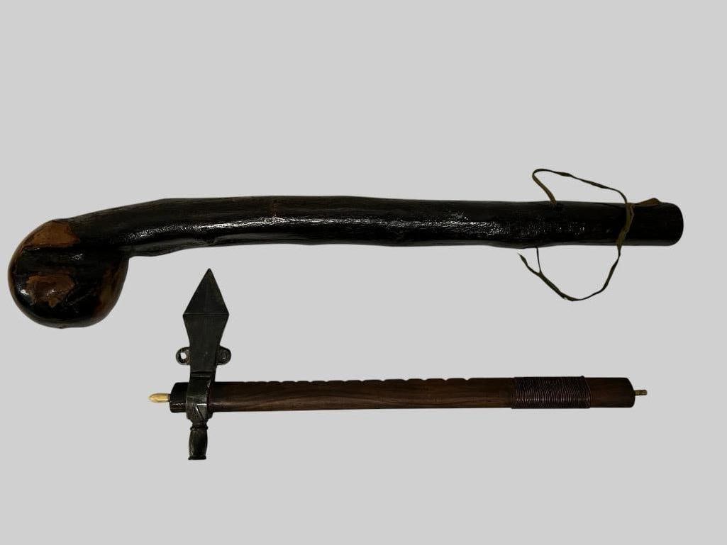 Pipe Tomahawk and Club: Pipe Tomahawk and Club. Club approx. 19 x 4 x 3 inches.