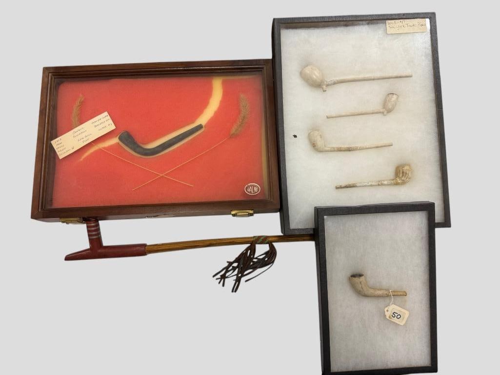 Native American pipes and Trade pipes: Native American pipes and Trade pipes. 7 pieces. Largest approx. 23.5 inches.