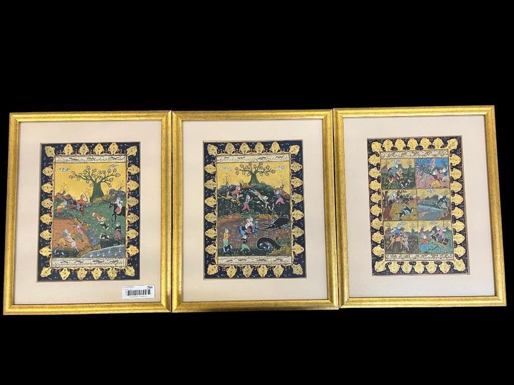 3 Persian Hunting Scene paintings: 3 Persian Hunting Scene paintings. Approx. 17 x 13.5 inches.
