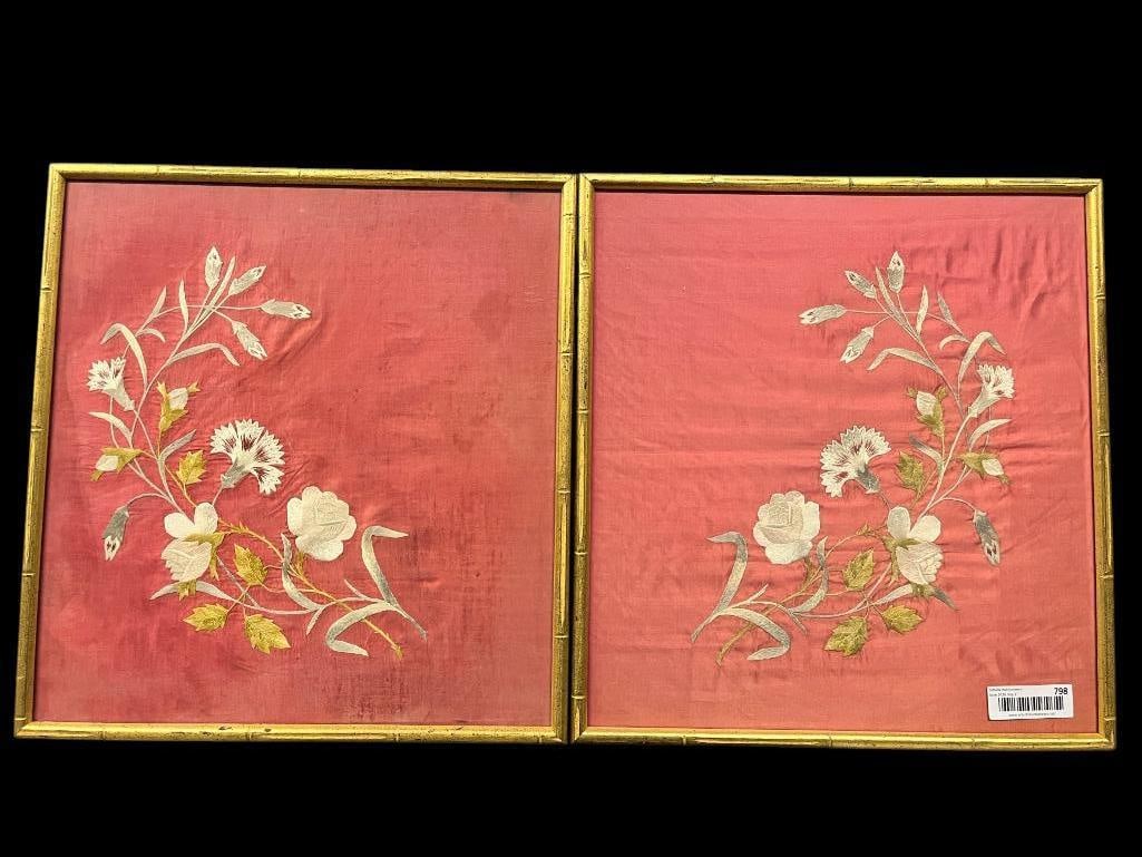 2 Embroidered Silk Floral Panels: 2 Embroidered Silk Floral Panels. Frames approx. 18 x 17 inches.