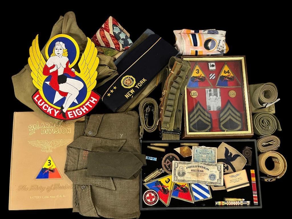 Military patches, hats and more: 3rd Armored Division 1951 yearbook, patches, military / VFW hats, web belts, Philippines One Peso, ribbon bars and more.