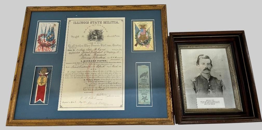Named G.A.R. Ribbon, Commision paper and more: Named G.A.R. Ribbon, Commision paper, photo etc. John M. Cyrus E Co. 50th ILL Infantry, promotion to Second Lieutenant and more. Frame approx. 25.5 x 21 inches.