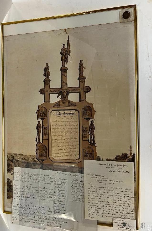 Named I.D. Disc, Soldiers Memorial and letters: Named I.D. Disc, Soldiers Memorial and letters. 4 pieces. Isaac Davenport C Co. NY 81st infantry. Frame approx. 36.5 x 24.5 inches.