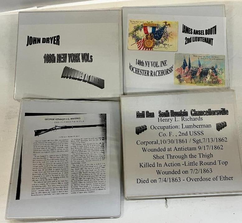 4 Binders of Soldier research, letters and more: 4 Binders of Soldier research, letters and more. Including James Ansel Booth 140th NY Infantry, John Dyer 108th NY, Henry L. Richards 2nd USSS, George Kenaugh US Marines, etc.
