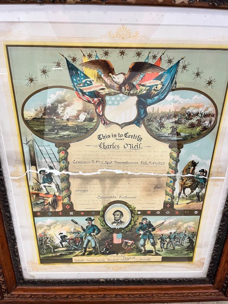 Pennsylvania Discharge Presentation Papers: Pennsylvania Discharge Presentation Papers. Charles O'Neil Co. D 83rd Pennsylvania Vol. Infantry. Approx. 25 x 20 inches. Frame approx. 35 x 29 inches.