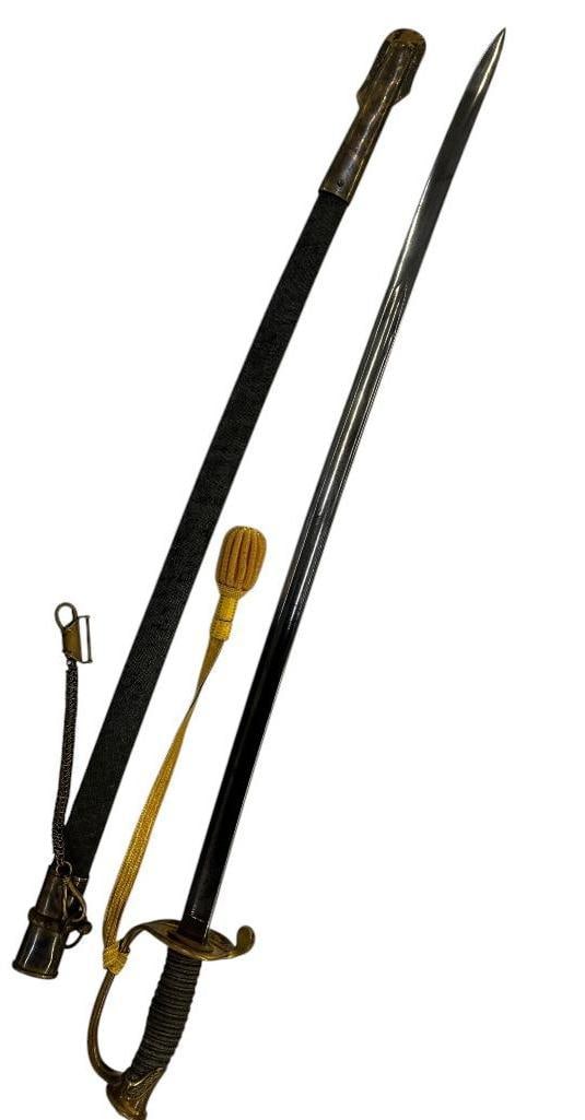 Named Emerson & Silver Sword: Named Emerson & Silver Sword. Scabbard is marked J.R. Nice Co. H 99th PA INF. John R. Nice died from wounds received at Gettysburg. Research included. Sword in scabbard approx. 40 x 5 x 4 inches.