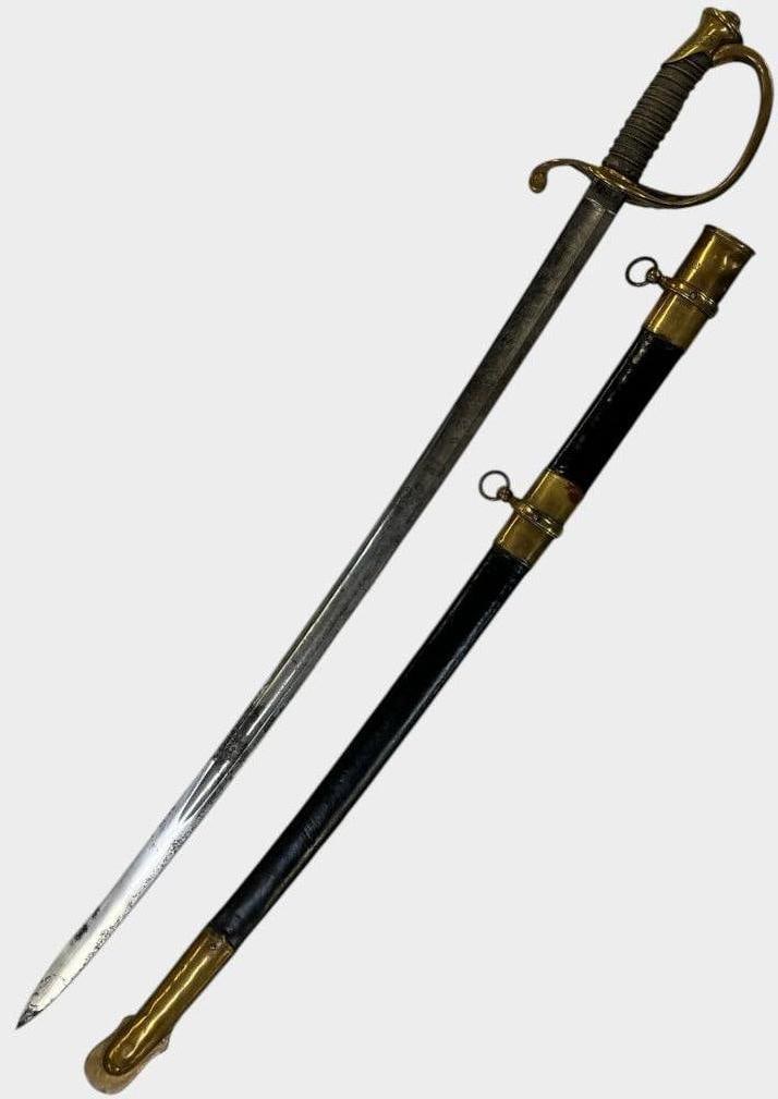 Captured Foot Officers Sword with Research: Captured Foot Officers Sword with Research. W. Hemerson took the sword as a trophy. His name is engraved on the scabbard. Blade is etched with U.S. Sword in scabbard approx. 37 x 5 x 4 inches.