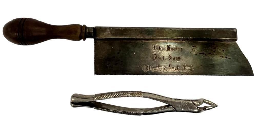 Named Surgeon Bone Saw and more: Named Assistant Surgeon Bone Saw and bullet extractor. Blade marked John Hurley Asst Surg 69th New York Inf. by Alfred Beckett & Sons Sheffield. Bullet extractor marked Surg. Pascal Smith 69th NY. 2