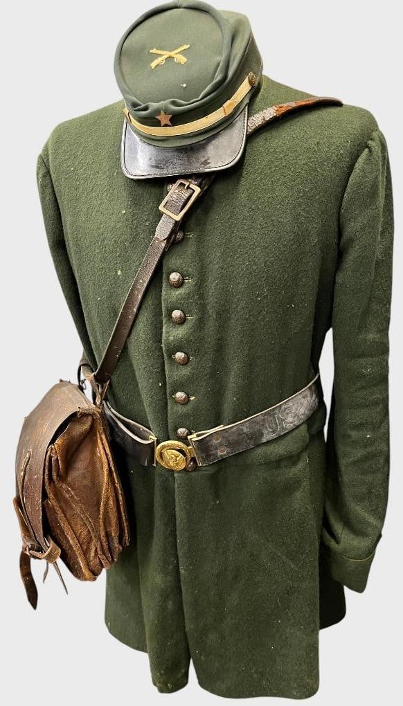 Green Wool Infantry Uniform Coat: Green Wool Infantry Uniform Coat, hat, belt and leather bag. 4 pieces.