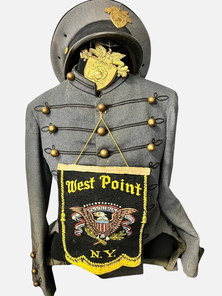 West Point Jacket, Hat and more: West Point Jacket, Hat, badge and square pennant. 4 pieces.