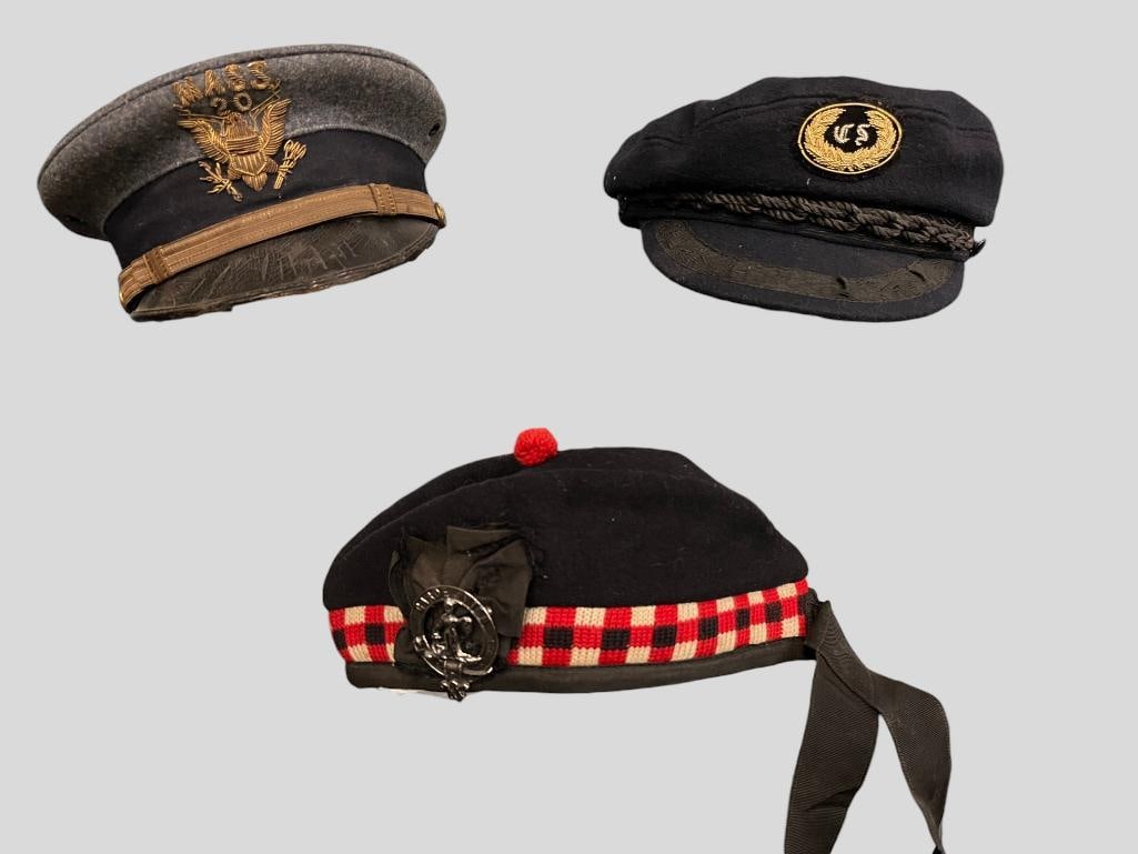 3 Uniform Hats: 3 Uniform Hats. Including Scottish Balmoral bonnet with Clan Montgomery badge.