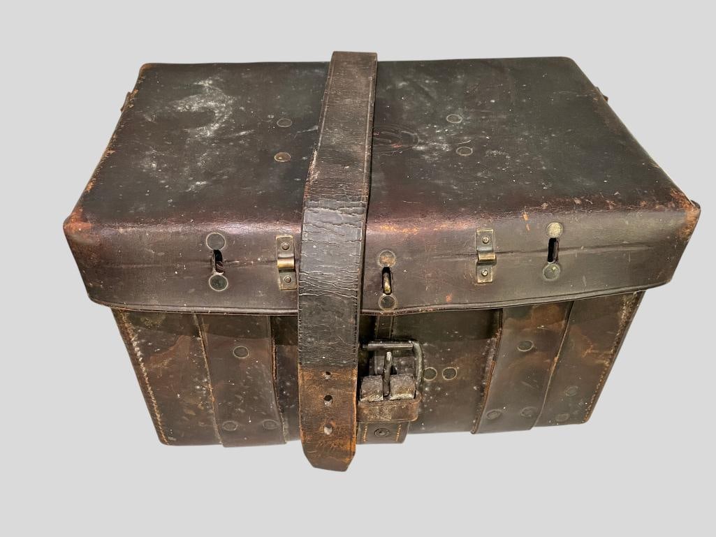 U.S. marked Leather Equipment Box: U.S. marked Leather Equipment/Tool Box. Approx. 15 x 9 x 9 inches.