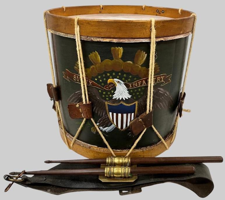 81st NY Infantry Drum: 81st NY Infantry Drum and sling. 2 pieces. Simeon J. Vandish B Co. NY 81st Infantry drum sling is marked with his initials and regiment. Approx. 14.5 x 16 x 16 inches.