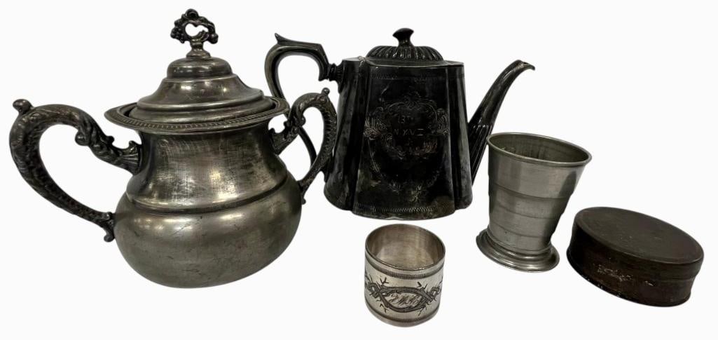 Named Teapot, sugar and Cup: Named Teapot, sugar, napkin ring and Cup. 4 pieces. Michael Burns C Co. NY 140th Infantry telescoping cup is engraved on bottom. Freeman Conner D Co. NY 11th Infantry Sugar bowl engraved on bottom