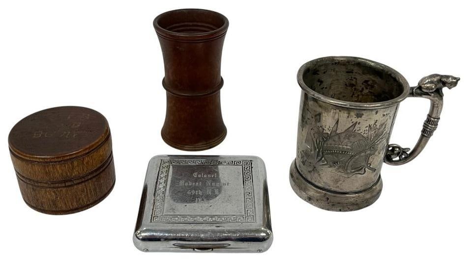 Named boxes, cup and more: Named boxes, cup and more. 4 pieces. Hiram J. Blanchard B Co. NY 86th Infantry whiskey cup, marbles and more. Colonel Robert Nugent 69th NY Vols. metal case. Research included.