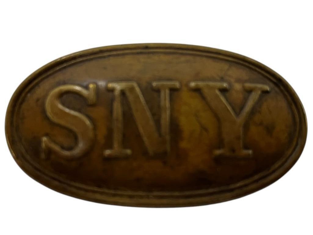 Named SNY cartridge box plate: Named SNY cartridge box plate. Francis M. Griswold C Co. NY 44th infantry. Plate is engraved on reverse. Killed in Action at Gettysburg. Research included.