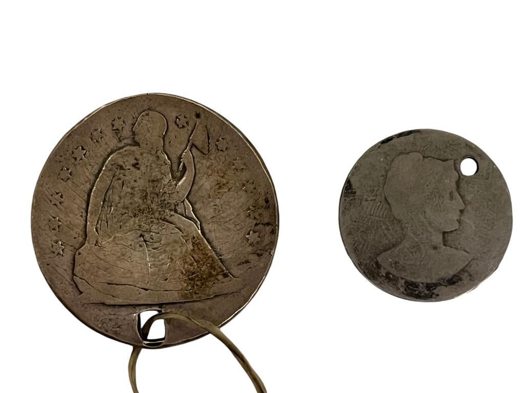2 Soldiers Coin I.D. Discs: 2 Soldiers Coin I.D. Discs. Col. Joseph Mayo Jr. 3rd VA Infantry engraved Seated Liberty Half. Martin Van Buren Ingersoll engraved disc M.V.B. Ingersoll 44th NY Co. C. Research included.