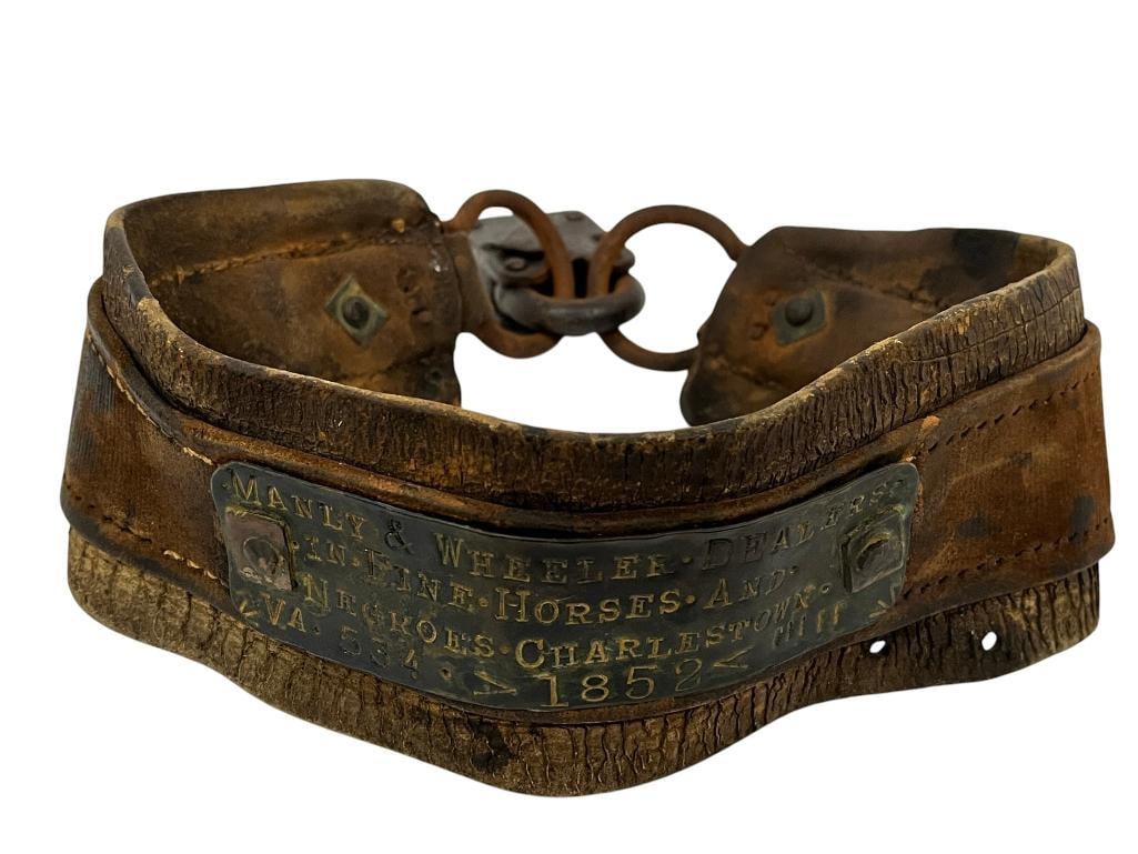 1852 Charlestown VA Slave Collar: Manly & Wheeler Dealers In Fine Horses and Negroes. Charlestown VA 1852 Slave Collar with lock attached.