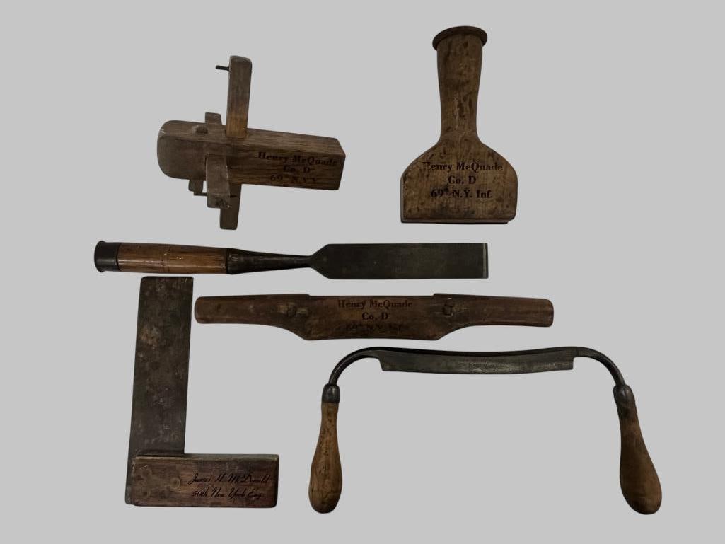 Group of Named Wood Tools: Group of Named Wood Tools. 6 pieces. Tools from Henry McQuade Co. D 69th N.Y. Inf, James H. McDonald 50th NY Eng. and Charles M. Grainger 88th New York Co. B. Includes research.
