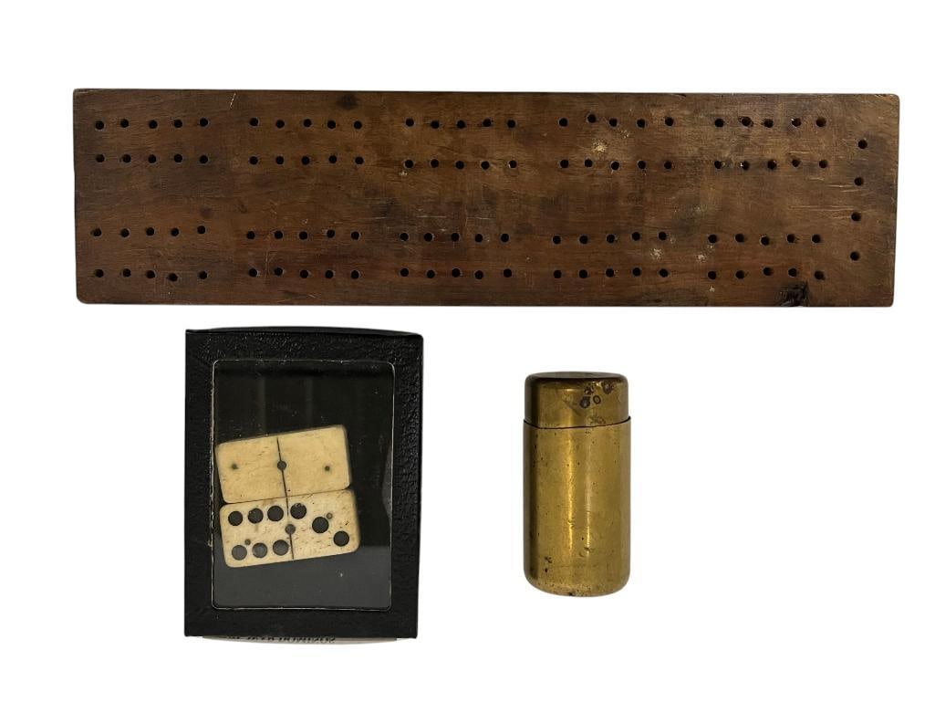 Named Cribbage board, Dominoes etc.: Named Cribbage board, Dominoes and brass tube with dice. 3 pieces. Charles Tibbetts H Co. NH 5th Infantry hand carved bone dominoes. Francis Reynolds NY 88th Infantry handmade cribbage board with