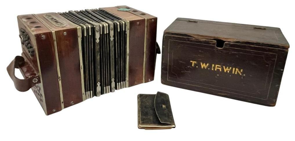 Named Concertina, Wood box and Diary: 3 pieces. Byron S. Blake A Co. NY 140th Infantry Concertina and diary with several Civil War entries. Thomas Irwin K Co. PA 48th Infantry stenciled box. Includes research. Concertina approx. 12 x 8 x