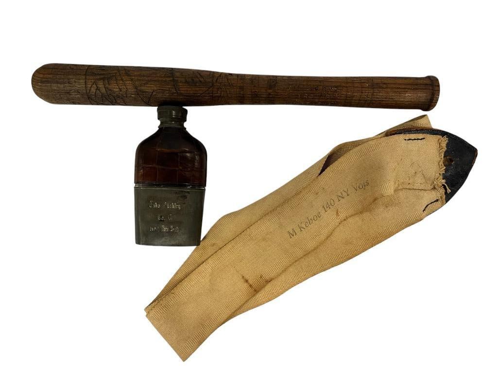Named baldric, club and flask: Named baldric, club and flask. 3 pieces. Michael Kehoe Co. C NY 140th club and baldric with name and regiment. John Buckley C Co. NY 140th Infantry flask with name and regiment. Research included.