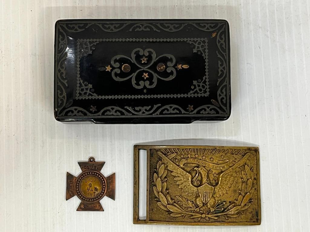 Named Belt plate, box and I.D. tag: Named Belt plate, box and I.D. tag. These items are from Capt. Isaac P. Powell Co. G 146th New York Infantry. Binder of research is included. 4 pieces total. Binder approx. 10.5 x 11.5 x 2 inches.
