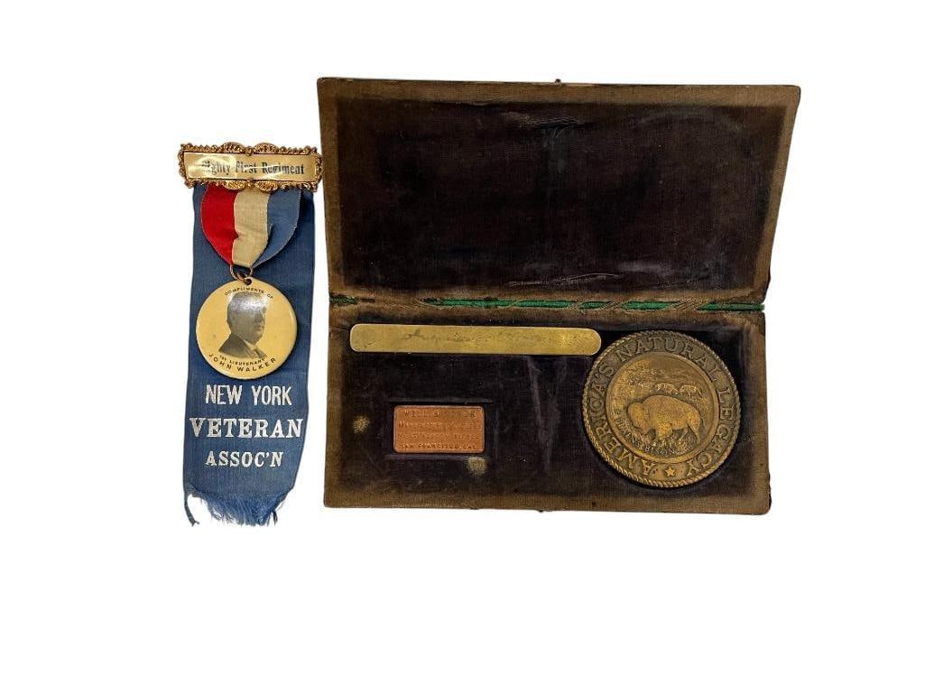 Named I.D. disc, level and Veterans ribbon: Named I.D. disc, level and Veterans ribbon. 3 pieces. John Walker NY 81st Infantry Veterans Association ribbon. Timothy L. Shanley NY 69th Infantry engraved I.D. disc. Augustus S. Perkins I Co. NY
