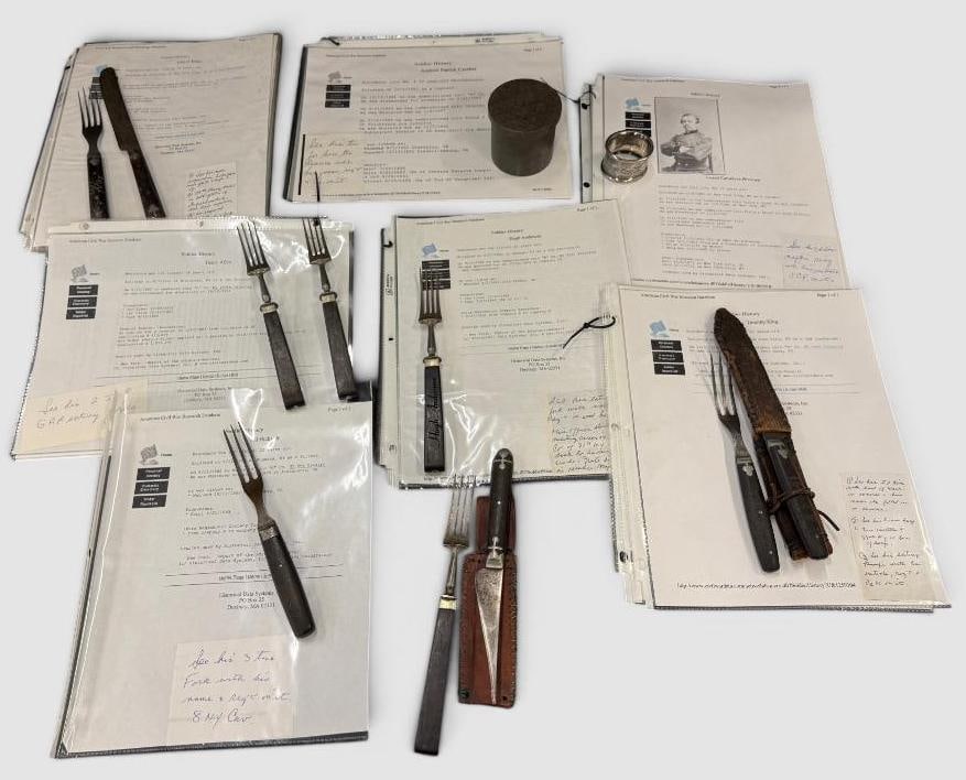 Named Utensils, Napkin ring etc.: 12 pieces. Hugh Anderson B Co. NY 81st infantry fork with name and regiment, Timothy King K Co. NY 88th Infantry knife and fork with initials and regiment, Eli Hicks Jr. G Co. NY 8th Cavalry fork