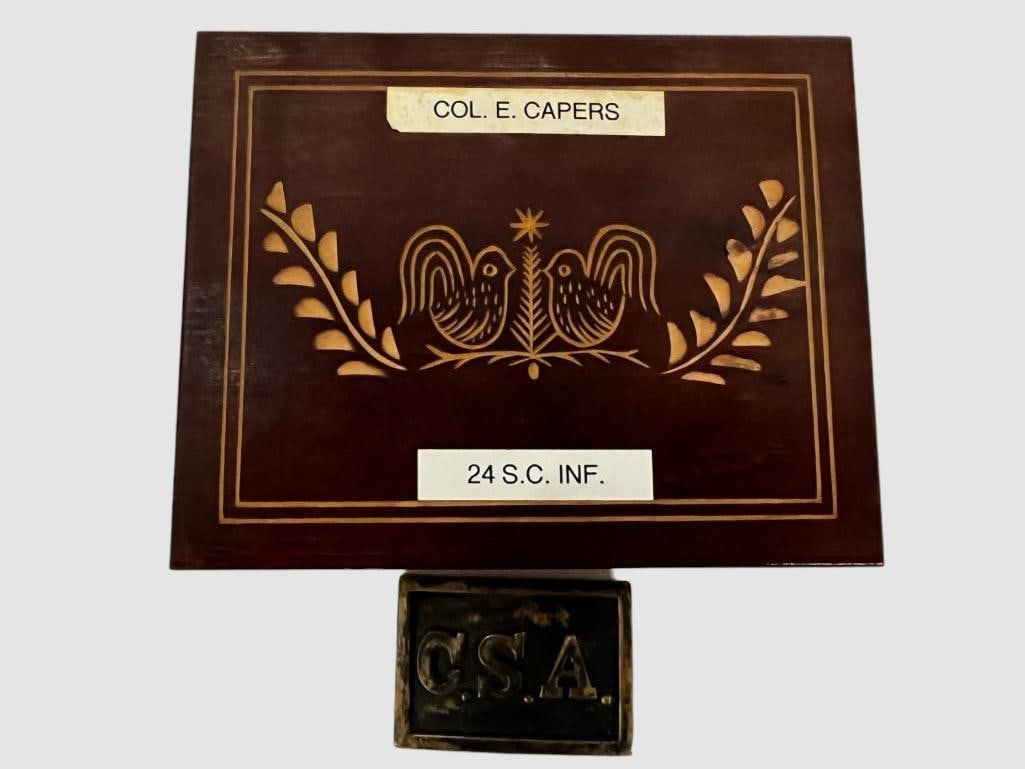 Named CSA belt plate and Bible: CSA belt plate and Bible. Bible is from Ellison Capers 24 S.C. Infantry. CSA belt plate is engraved Archibald Lucky 52 N.C. Research is included. 2 pieces.