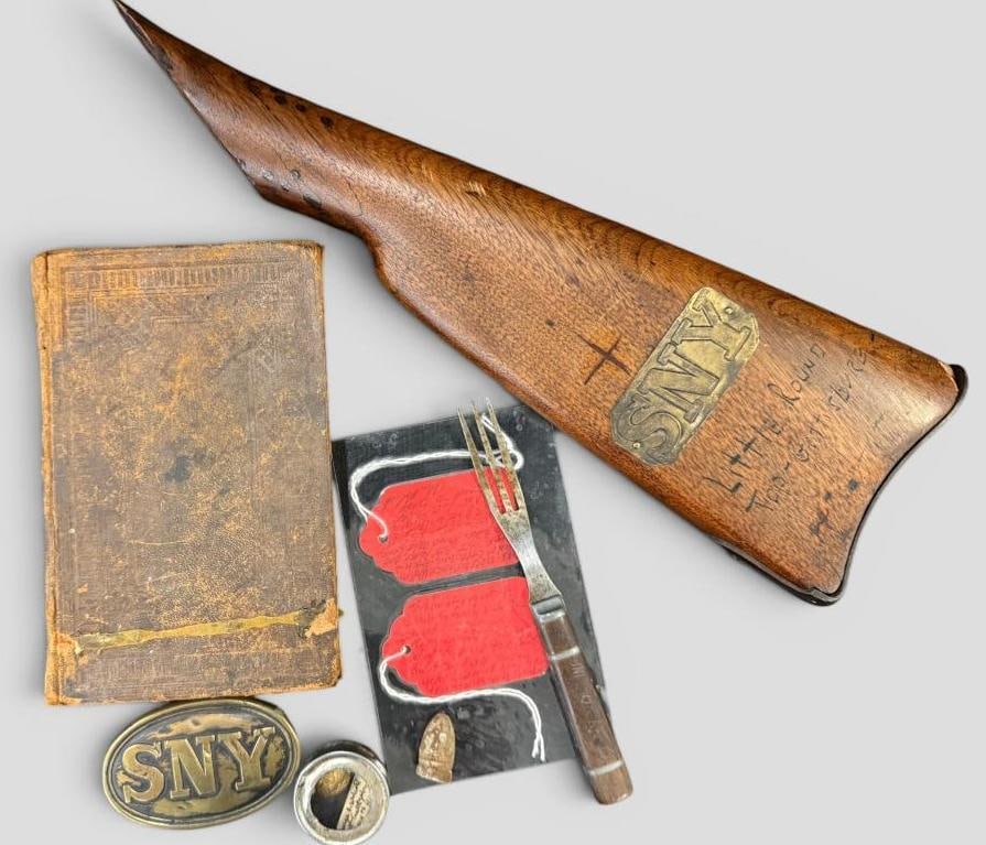 Named Rifle stock, bible, belt plate and more: Named Rifle stock, bible, belt plate, fork and uniform piece. Aaron H. Esmay E Co. NY 44th Infantry rifle stock with SNY plate and engraved Little Round Top Gettysburg, name and regiment on reverse.