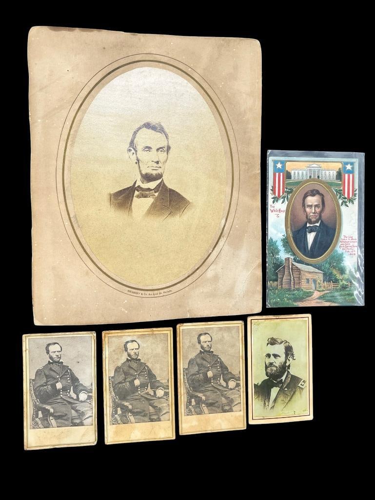 5 Early images and postcard: 5 Early images, including Abraham Lincoln, William Tecumseh Sherman and Ulysses S. Grant. Also includes Abraham Lincoln postcard. 6 pieces total. Large Lincoln approx. 7.5 x 5.5 inches (oval).
