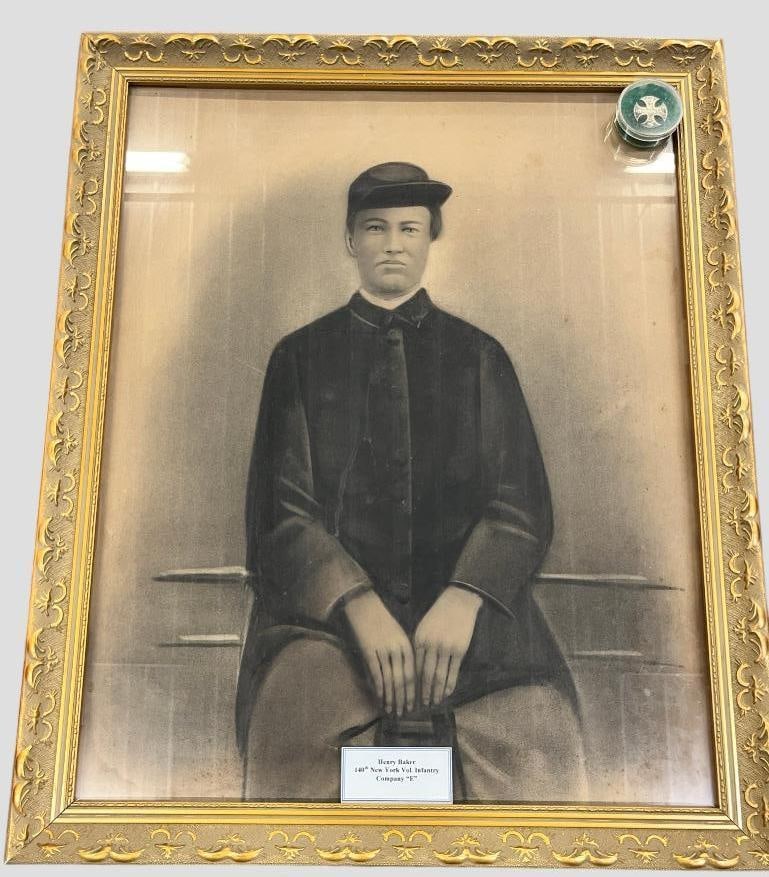 Charcoal Portrait and Maltese Cross I.D. disc: Henry Baker Co. E NY 140th Infantry Charcoal Portrait and Maltese Cross I.D. disc. Includes research. Approx. 19.5 x 15 inches. Frame approx. 22 x 18 inches.