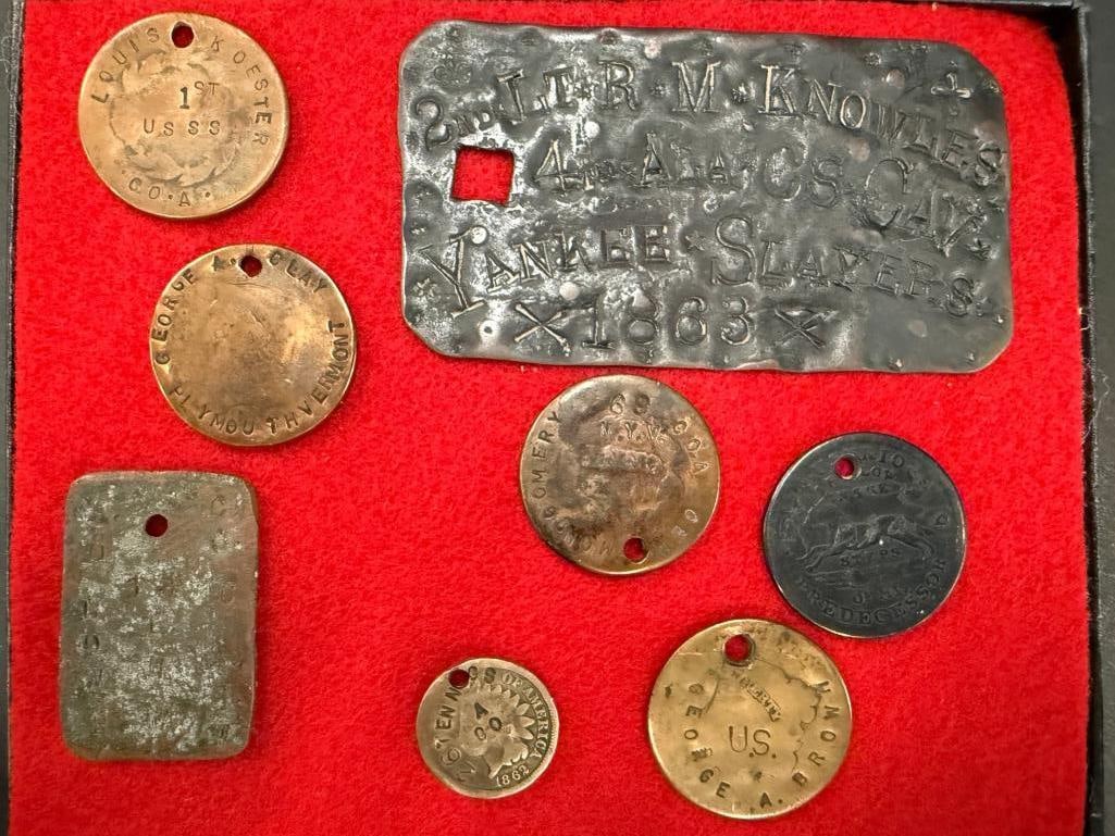 8 I.D. Tags: 8 I.D. Tags. Including, George Montgomery 69 N.Y.V Co. A, W.D. Peak 26 Tenn. Co. A, George A. Brown 2nd U.S.S.S. Co. E Mendon Vermont, George A. Clay 2nd U.S.S.S. Co. E Plymouth Vermont, A.D. Lowery