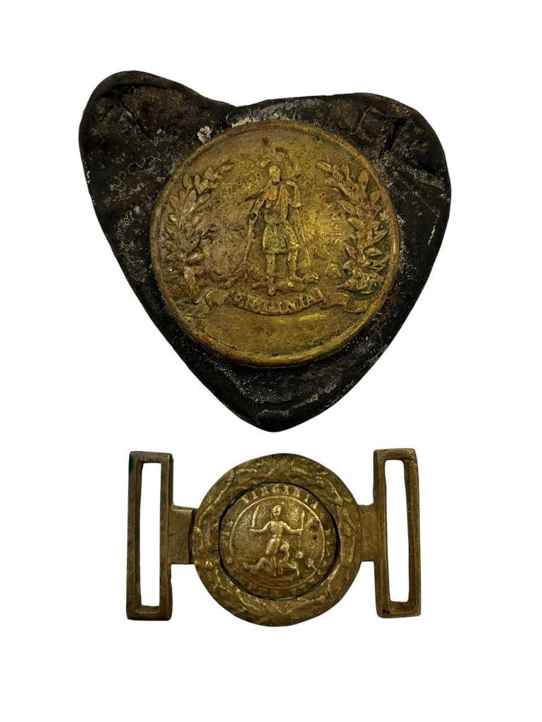 Virginia 2 piece belt buckle and breast plate: Virginia 2 piece belt buckle and breast plate. 2 pieces.