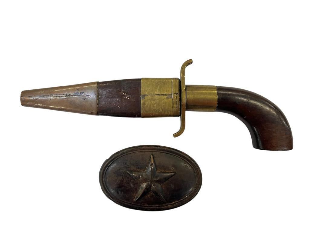 Texas Belt buckle and knife: Texas Belt buckle and knife Knife is marked W.J.H. El Paso Texas. Approx. 9 inches.