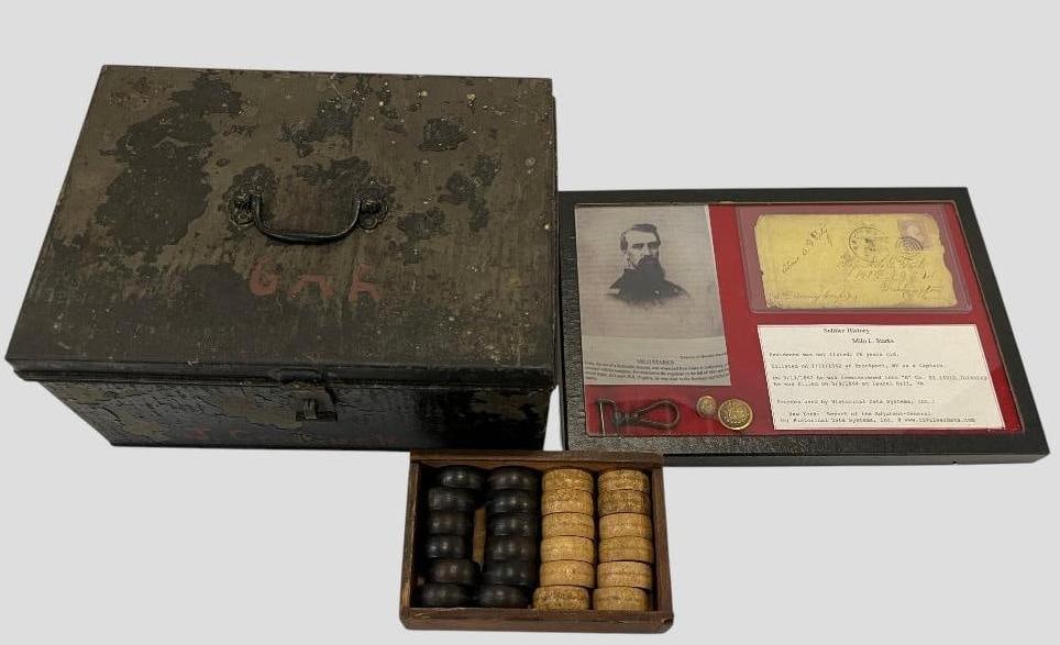 Named box, letter and more: James Craddock K Co. NY 140th Infantry metal box. Major Milo L. Starks A Co. NY 140th Infantry letter, buttons and sword clip. Rice E. Martin G Co. NY 140th Infantry wood checkers.