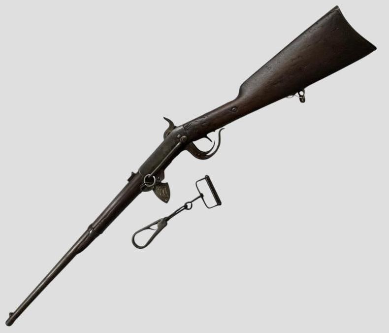 Named Burnside 1856 Rifle: Named Burnside 1856 Rifle. Serial # 15311. Albert S. Ely F Co. PA 20th Cavalry. Marked with name and regiment on butt plate tang. Overall approx. 39 inches.