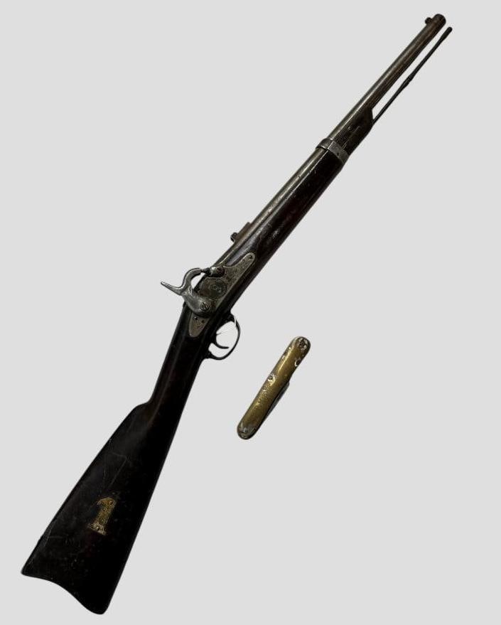 Named 1855 Horse Carbine: Named 1855 Horse Carbine and 6 inch brass frame folding knife. David McKee F. Co. AL 8th infantry. Research included. Overall length approx. 37 inches.