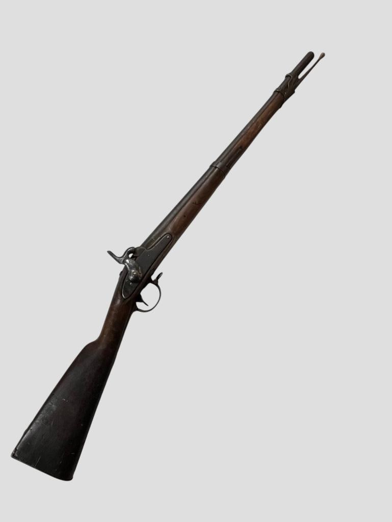 Named 1847 Harpers Ferry rifle: Named 1847 Harpers Ferry rifle. Laban Harold A Co. VA 62nd Infantry. Eagle and U.S. marked on plate. Opposite side on stock marked LH 62 VA. Top of butt plate stamped 62. Includes research. Overall